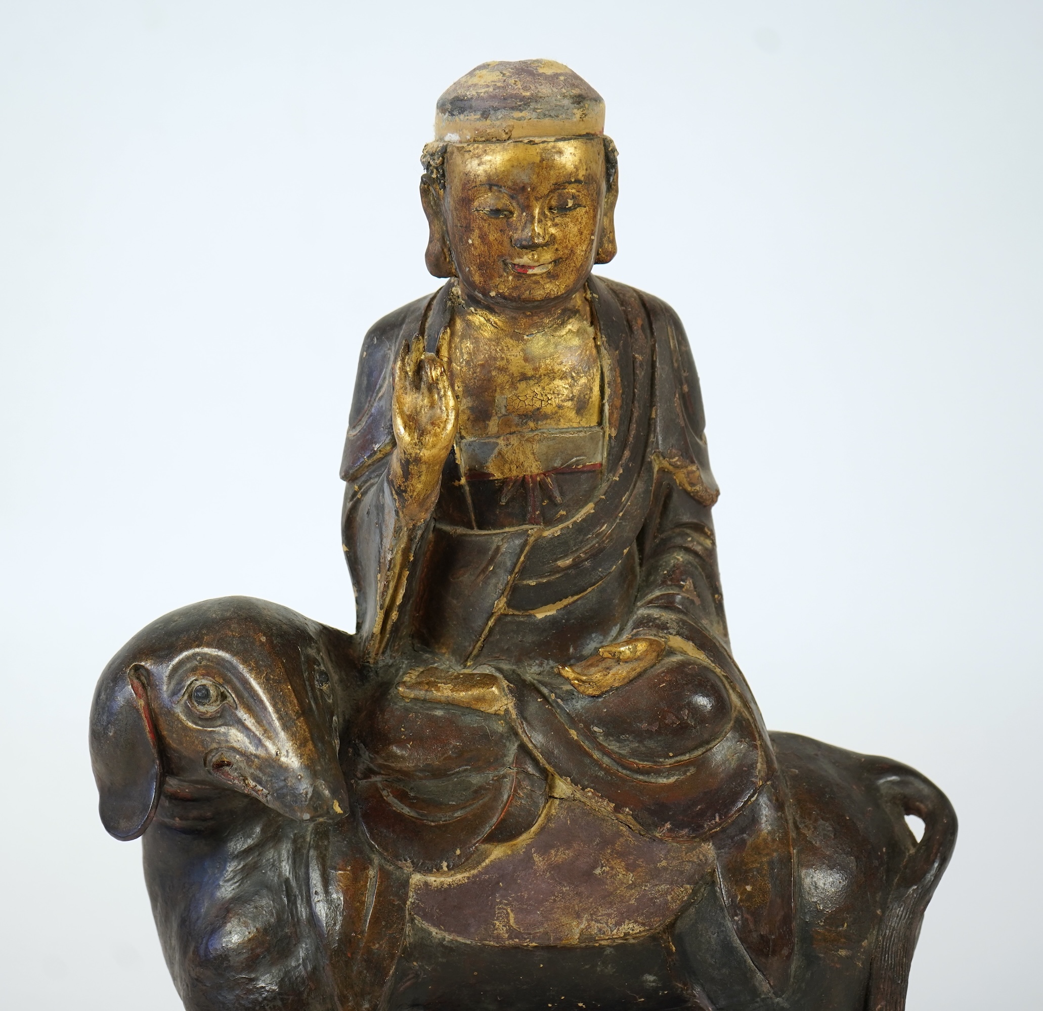 A large Chinese gilt and polychrome lacquered stucco work and wood figure of Samantabhadra on an elephant, Yuan-Ming dynasty